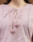 Lavender Cotton Co-ord Set with Tonal Embroidery & Laced Sleeve