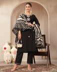 Vetican Fabric Kurta Set with Embroidered Round Neck, Palazzo & Striped Silk Dupatta