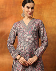 Wool Blend Floral Printed Kurta Set with Ethnic Embroidery & Printed Palazzo