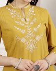 Mustard Embroidered Cotton Linen Kurta Set with Palazzo