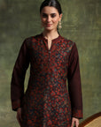 Woven Wool Kurta Set with Mandarin Collar, Palazzo & Printed Wool Dupatta