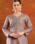 Floral Pashmina Wool Kurta Set with Zari Neckline & Printed Wool Dupatta