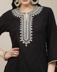 Embroidered black cotton linen kurta set with lace-detailed palazzo