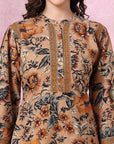Brown Floral Rayon Co-ord Set with Bell Sleeves and Mandarin Collar