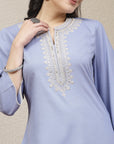 Embroidered blue cotton linen kurta set with lace-detailed palazzo