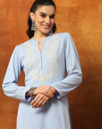 Wool Blend Embroidered Kurta Set with Mandarin Collar & Elasticated Palazzo