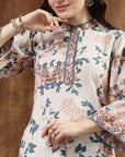 Orange Floral Kurta Set with Mandarin Collar & Laced Bell Sleeves