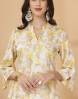Yellow Abstract Print Rayon Slub Co-ord with Solid Palazzo