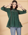 Green embroidered georgette top with mandarin collar & 3/4th sleeves