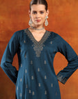 Calf-Length Jacquard Wool Kurta Set with Swarovski Detail & Dupatta