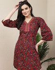 Purple Paisley Print Cotton Kurti with Mirror Work & Lace Sleeves