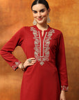 Wool Blend Solid Kurta Set with Thread Embroidery & Elasticated Palazzo