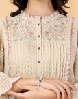 Cream embroidered georgette top with mandarin collar & 3/4th sleeves