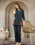 Solid Viscose Rayon Co-ord Set with Embroidered Shirt Collar