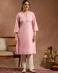 Solid Cotton Straight Kurta with Thread Embroidery & Lace Cuff Details