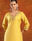 Nylon Viscose Kurta Set with Ari Embroidery, Lace-Trimmed Palazzo & Chiffon Dupatta