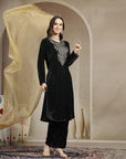 Velvet Zari-Embroidered Kurta Set with Palazzo & Banarasi Dupatta