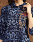 Blue Indo-Western Co-ord with Embroidered Shirt Collar Tunic & Printed Palazzo