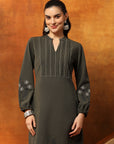 Wool Blend Kurta Set with Embroidered Yoke, Smocked Sleeves & Palazzo