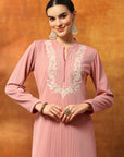 Wool Blend Embroidered Kurta Set with Mandarin Collar & Elasticated Palazzo