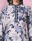 Blue Floral Kurta Set with Mandarin Collar & Laced Bell Sleeves