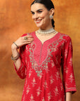 Viscose Rayon Kurta Set with Ethnic Motif Print, Zari Work & Printed Chiffon Dupatta