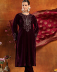 Velvet Zari-Embroidered Kurta Set with Bell Sleeves, Palazzo & Banarasi Dupatta