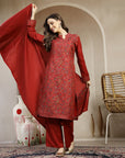 Woven Wool Kurta Set with Mandarin Collar, Palazzo & Printed Wool Dupatta