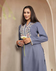 Rayon Kurta Set with Embroidered Mandarin Collar, Full Sleeves & Stitched-Hem Palazzo