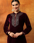 Velvet Kurta Set with Mandarin Collar & Zari Embroidered Yoke