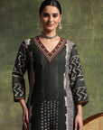 Printed Linen Kurta Set with Mirror Embroidery & Striped Dupatta