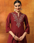 Cotton Blend Zari Embroidered Kurta Set with Embroidered Organza Cuffs & Elasticated Palazzo