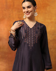 Art Silk Embroidered Kurta Set with Palazzo & Silk Dupatta