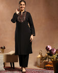 Solid Kurta Set with Ethnic Embroidery, Mandarin Collar & Lace Hem Palazzo