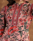 Pink Floral Rayon Co-ord Set with Bell Sleeves and Mandarin Collar