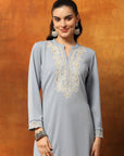 Wool Blend Solid Kurta Set with Thread Embroidery & Elasticated Palazzo