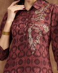 Burgundy Indo-Western Co-ord with Embroidered Shirt Collar Tunic & Printed Palazzo