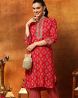 Viscose Rayon Zari Embroidered Kurta with Ethnic Print Palazzo