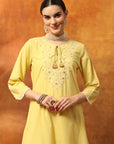Fringe-Detailed Cotton Kurta Set with Embroidered Yoke & Dupatta