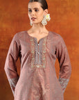 Floral Pashmina Wool Kurta Set with Zari Neckline & Printed Wool Dupatta