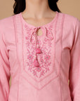 Pink Cotton Co-ord Set with Tonal Embroidery & Laced Sleeve