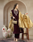Velvet Straight Kurta Set with Zari Embroidery & Banarasi Dupatta