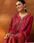 Floral Wool Blend Kurta Set with Swarovski Detailing & Printed Dupatta