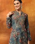 Wool Blend Floral Printed Kurta Set with Mandarin Collar, Zari Work & Printed Palazzo