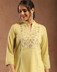 Lemon Embroidered Kurti with Lace Sleeves and Mandarin Collar