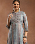 Tribal Printed Straight Kurta Set with Lace Detailing & Chiffon Dupatta