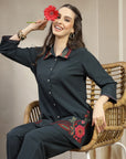 Solid Viscose Rayon Co-ord Set with Embroidered Shirt Collar