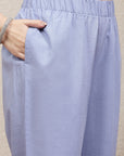 Embroidered blue cotton linen kurta set with lace-detailed palazzo