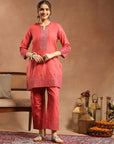 Pure Cotton Straight Kurta Set with Mirror-Embroidered Palazzo