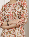 Floral Printed Cotton Kurta Set with Mirror Embroidery & Solid Palazzo